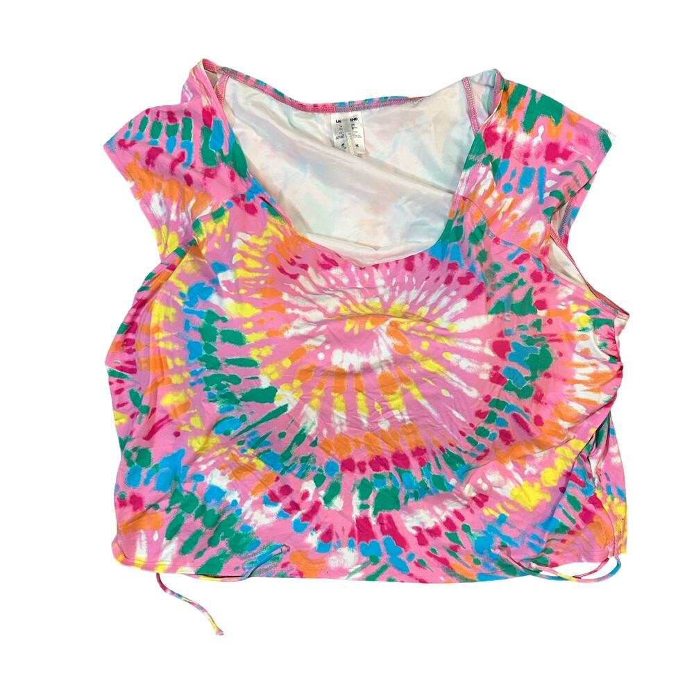 Lands End Side Cinched Cap-Sleeve Tankini Top Womens 26W Rainbow Tie Dye Beach
